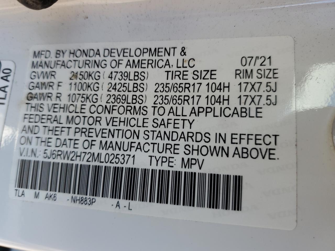 2021 Honda Cr-V Se VIN: 5J6RW2H72ML025371 Lot: 91133195