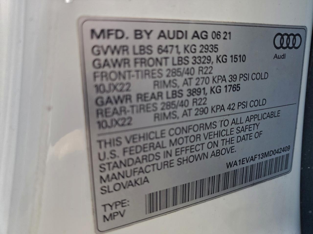 2021 Audi Q8 Premium Plus S-Line VIN: WA1EVAF13MD042409 Lot: 94715165