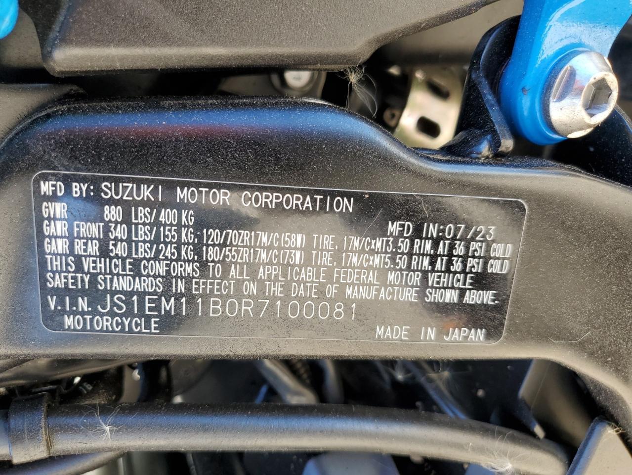 2024 Suzuki Gsx800 R VIN: JS1EM11B0R7100081 Lot: 92261055