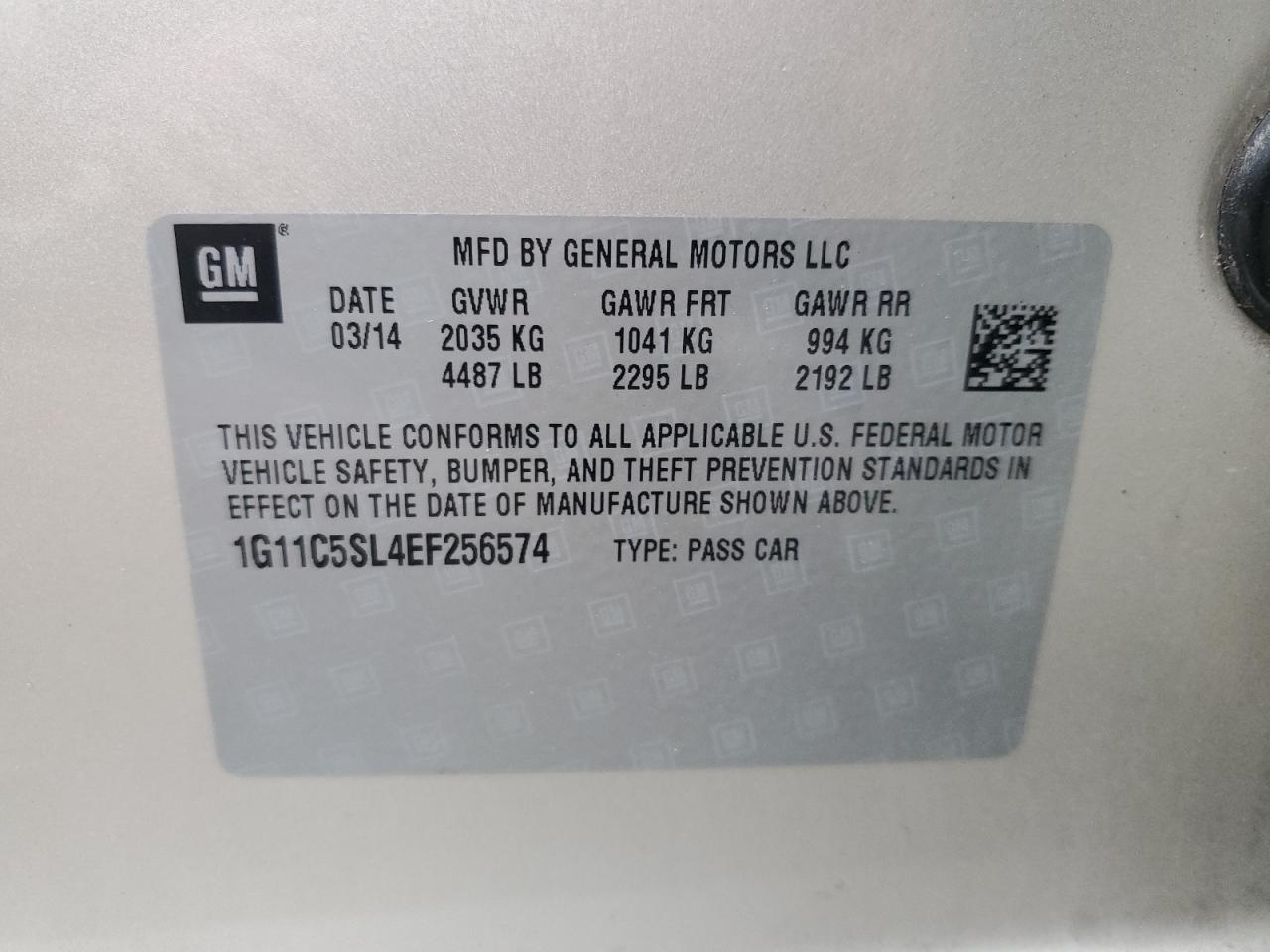 2014 Chevrolet Malibu 1Lt VIN: 1G11C5SL4EF256574 Lot: 93616815