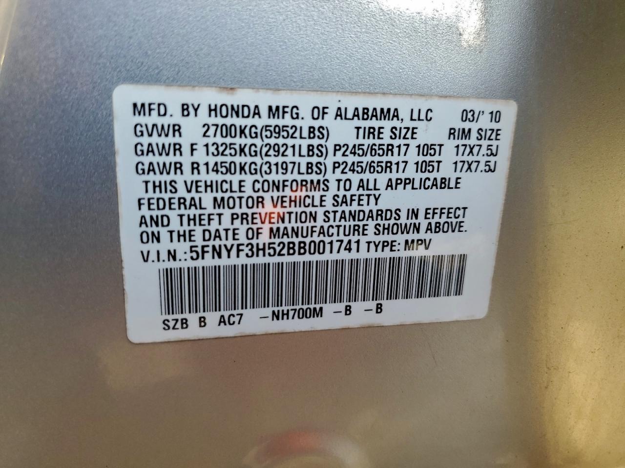 2011 Honda Pilot Exl VIN: 5FNYF3H52BB001741 Lot: 93391325