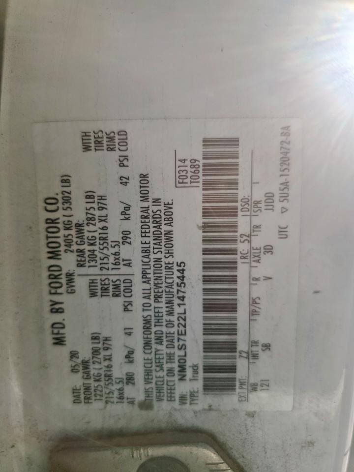 2020 Ford Transit Co Utility / Service Van VIN: NM0LS7E22L1475445 Lot: 90951825