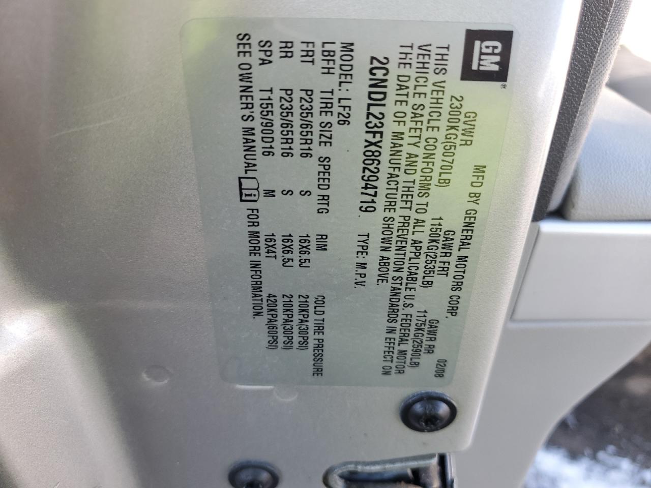 2008 Chevrolet Equinox Ls VIN: 2CNDL23FX86294719 Lot: 91926725