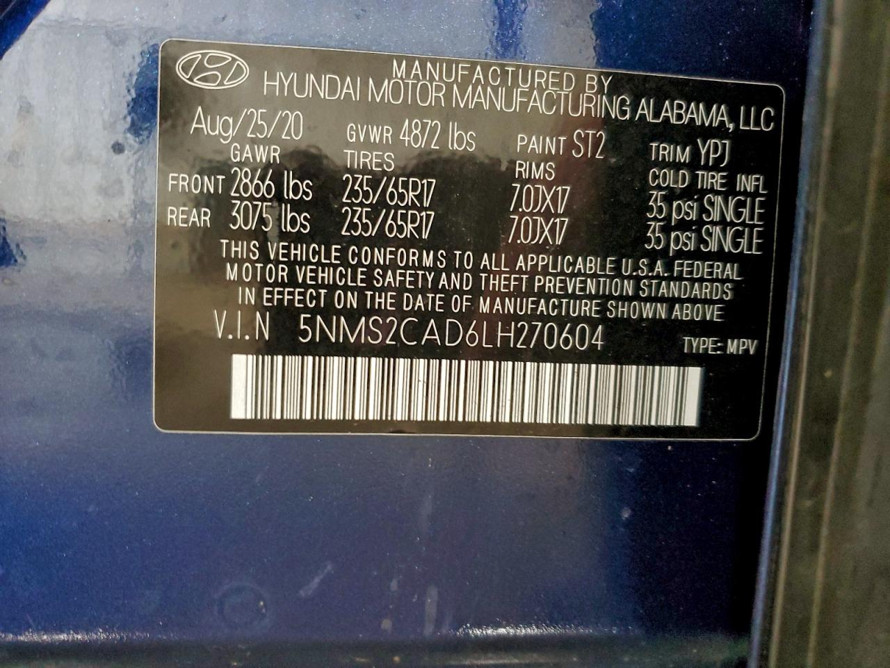 2020 Hyundai Santa Fe Se VIN: 5NMS2CAD6LH270604 Lot: 94212765