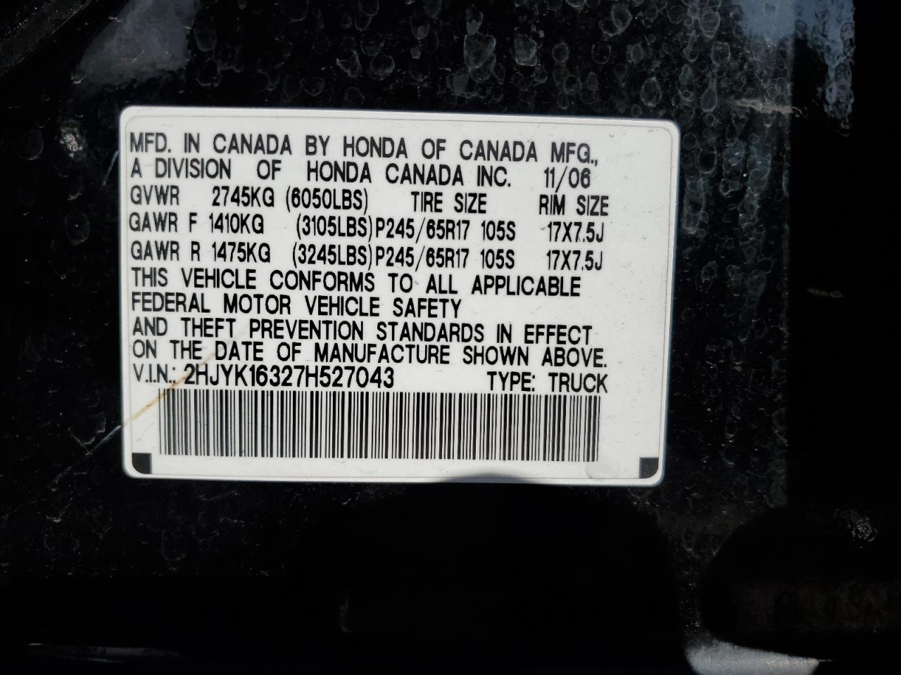 2007 Honda Ridgeline Rtx VIN: 2HJYK16327H527043 Lot: 93154865