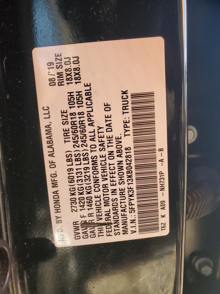 2019 Honda Ridgeline Sport VIN: 5FPYK3F13KB042818 Lot: 92104115