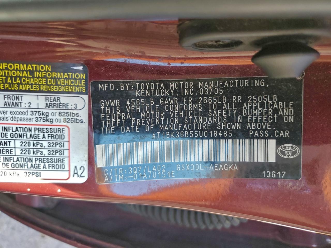 2005 Toyota Avalon Xl VIN: 4T1BK36B55U018485 Lot: 94033845