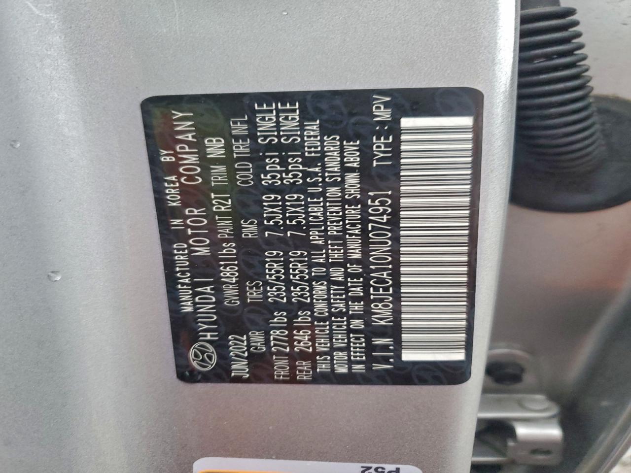 2022 Hyundai Tucson Limited VIN: KM8JECA10NU074951 Lot: 93959715