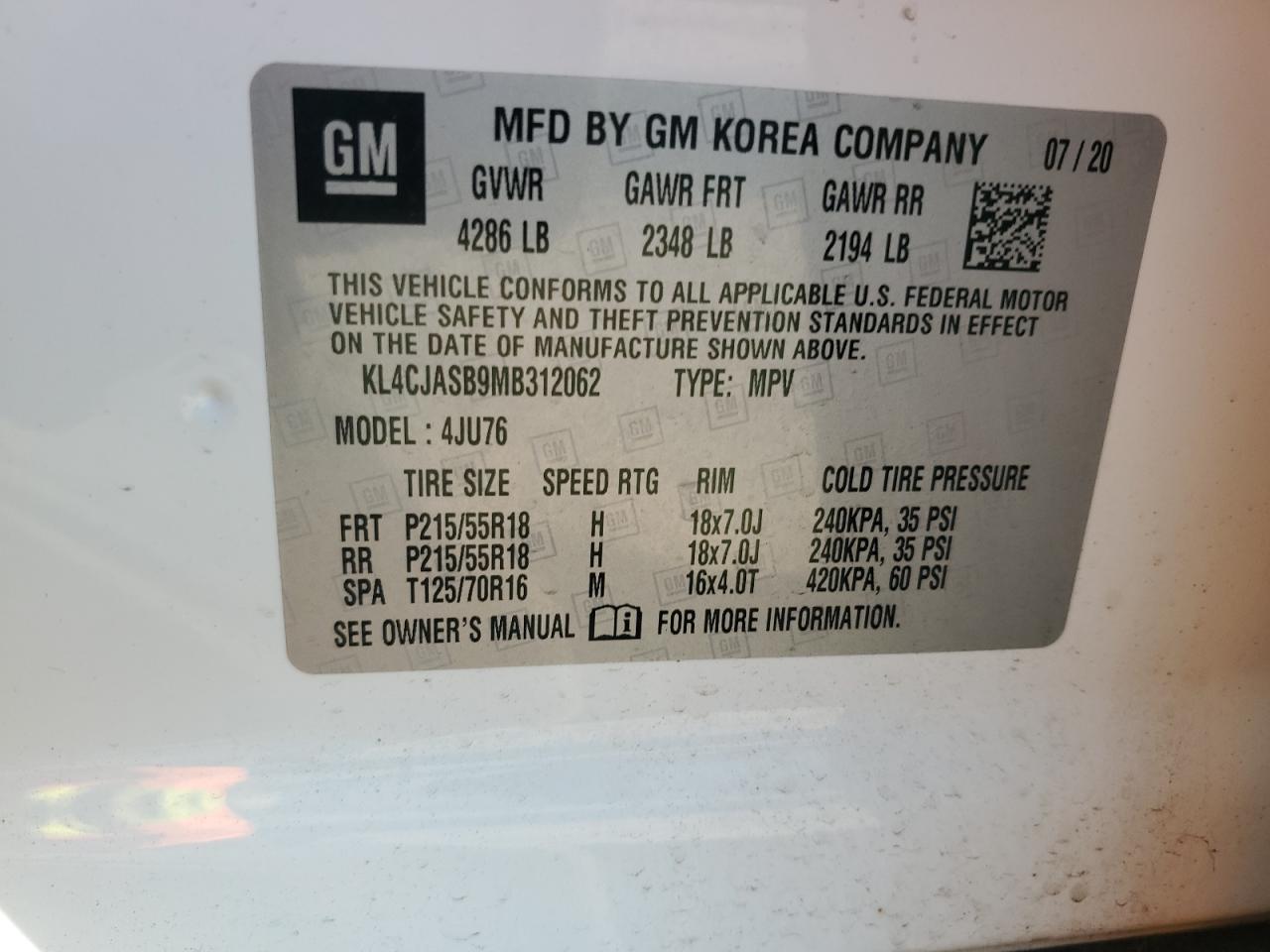 2021 Buick Encore Preferred VIN: KL4CJASB9MB312062 Lot: 91015555