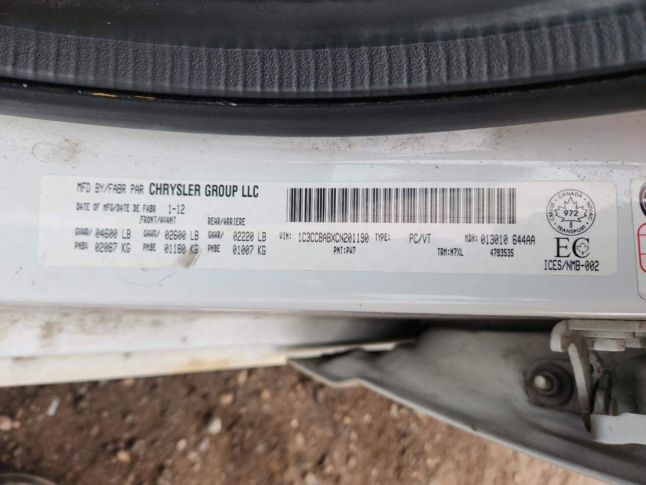 2012 Chrysler 200 Lx VIN: 1C3CCBABXCN201190 Lot: 92241845