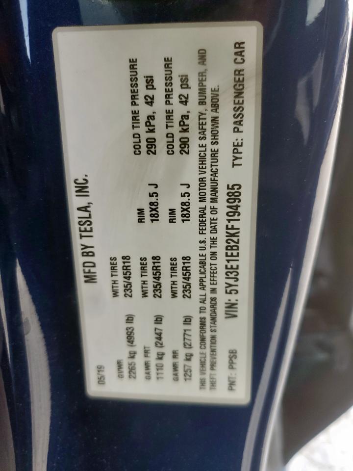 2019 Tesla Model 3 VIN: 5YJ3E1EB2KF194985 Lot: 93264675