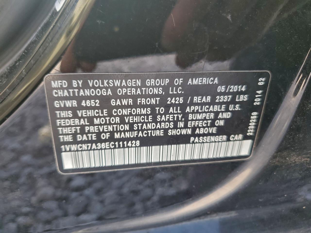 2014 Volkswagen Passat Sel VIN: 1VWCN7A36EC111428 Lot: 93924355