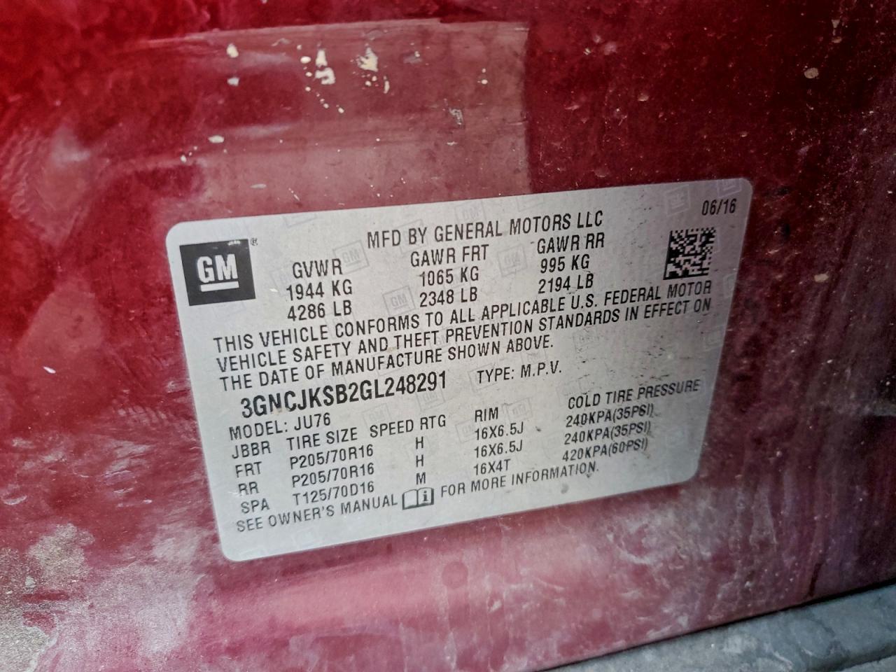 2016 Chevrolet Trax Ls VIN: 3GNCJKSB2GL248291 Lot: 93603845