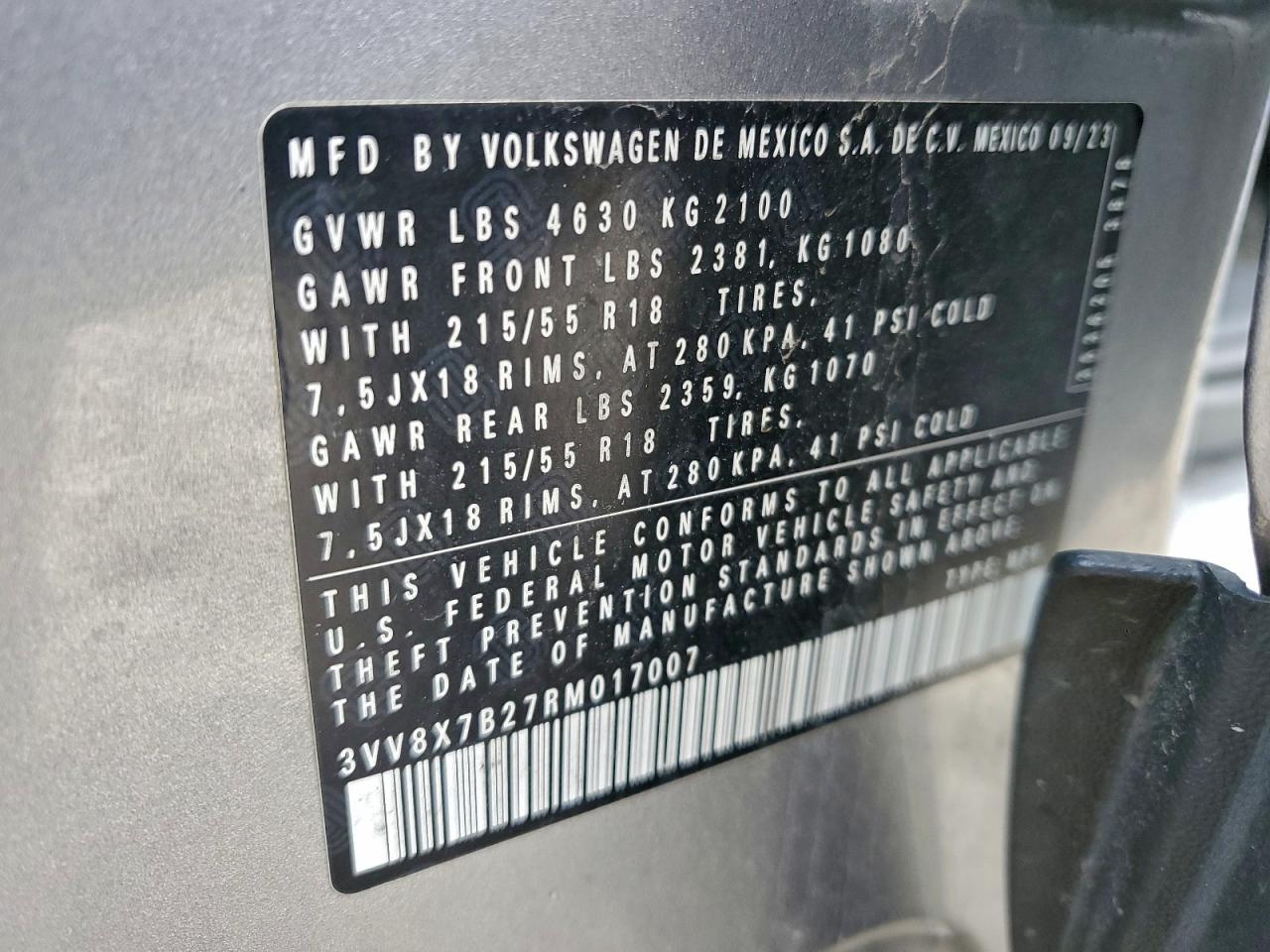 2024 Volkswagen Taos S VIN: 3VV8X7B27RM017007 Lot: 93821055