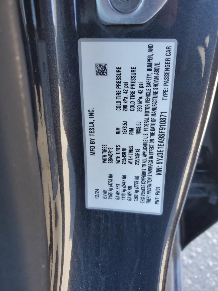 2025 Tesla Model 3 VIN: 5YJ3E1EA9SF910871 Lot: 91836115