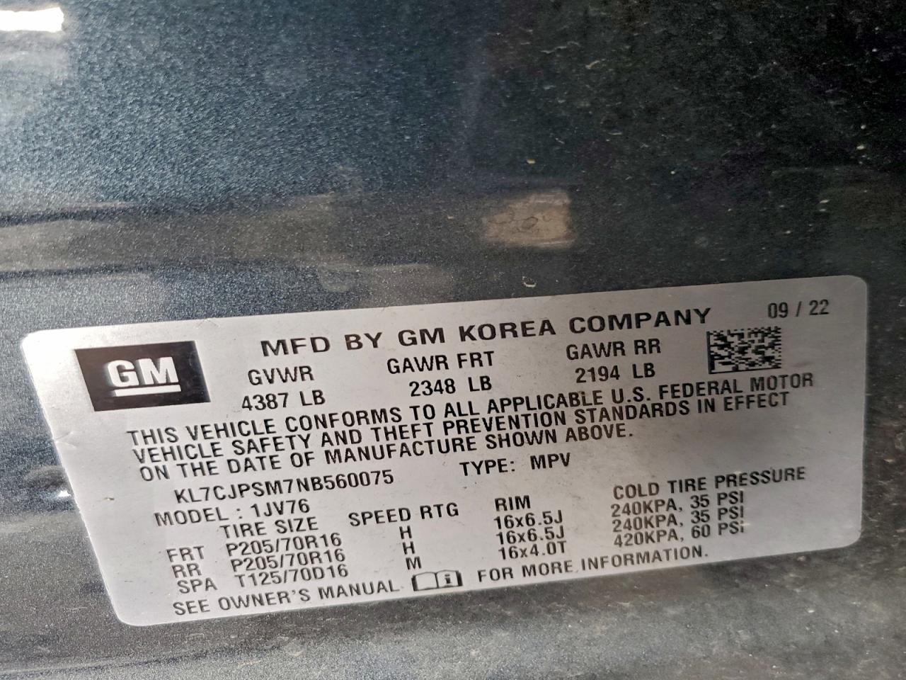 2022 Chevrolet Trax 1Lt VIN: KL7CJPSM7NB560075 Lot: 94304355