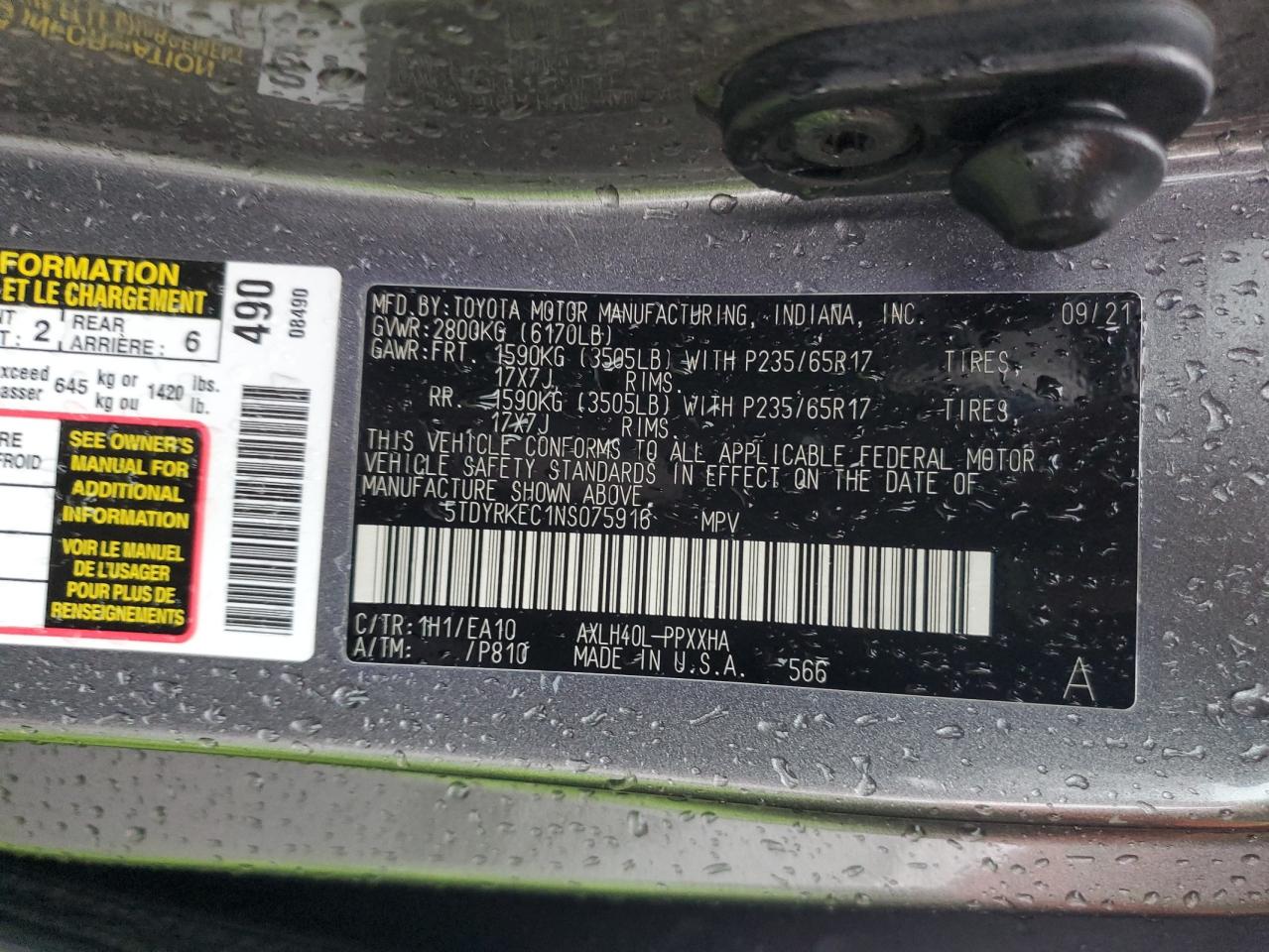 2022 Toyota Sienna Xle VIN: 5TDYRKEC1NS075916 Lot: 93277045