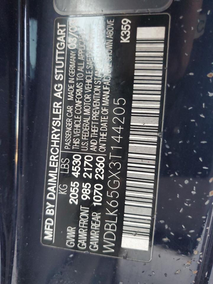 2003 Mercedes-Benz Clk 320 VIN: WDBLK65GX3T144205 Lot: 92627495