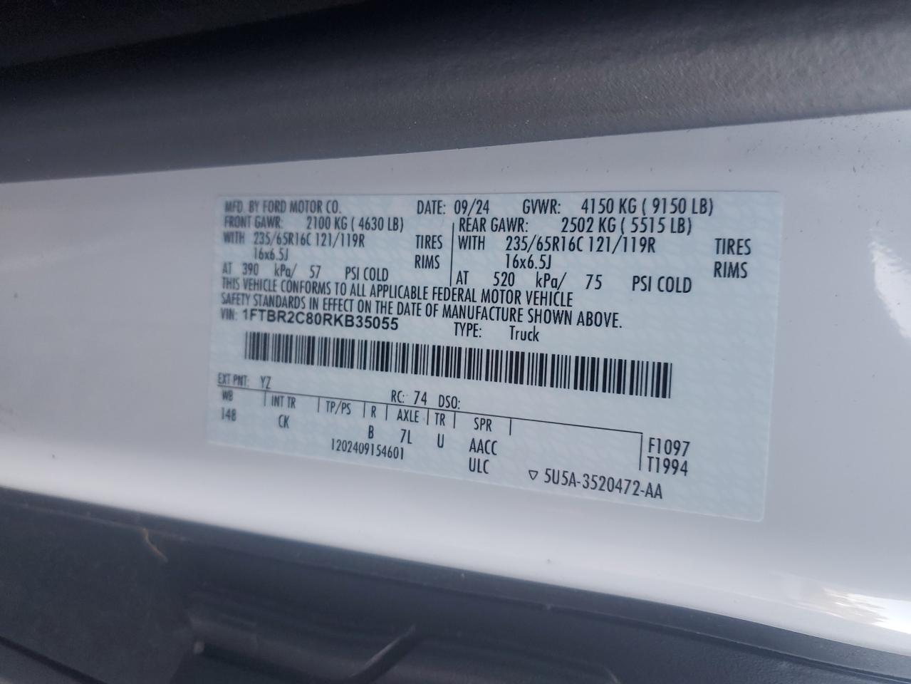 2024 Ford Transit T-250 Utility / Service Van VIN: 1FTBR2C80RKB35055 Lot: 92076215