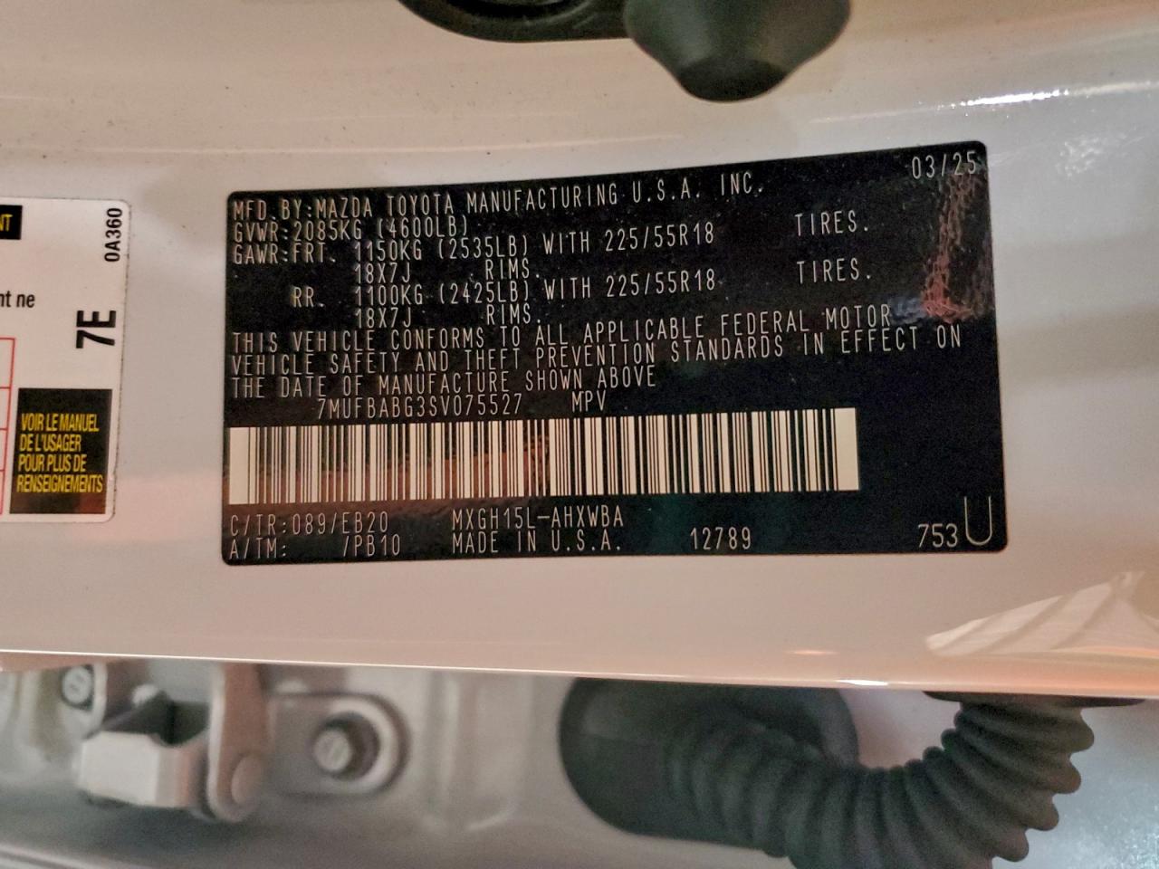 2025 Toyota Corolla Cross Se VIN: 7MUFBABG3SV075527 Lot: 93912895