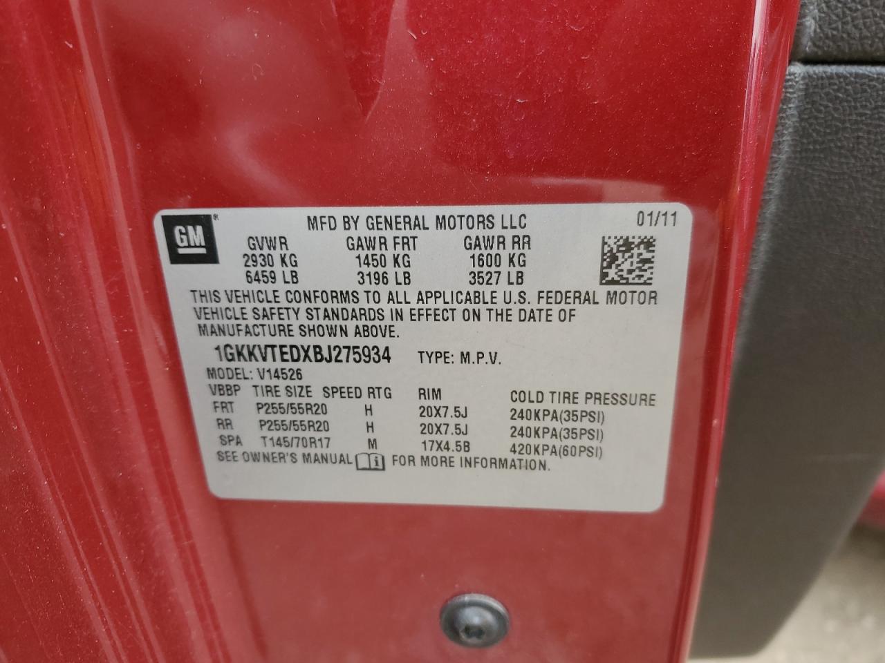 2011 GMC Acadia Denali VIN: 1GKKVTEDXBJ275934 Lot: 92850785