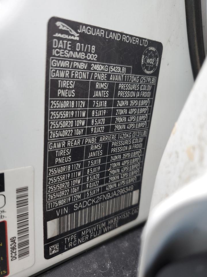 2018 Jaguar F-Pace Prestige VIN: SADCK2FN9JA296349 Lot: 92370295