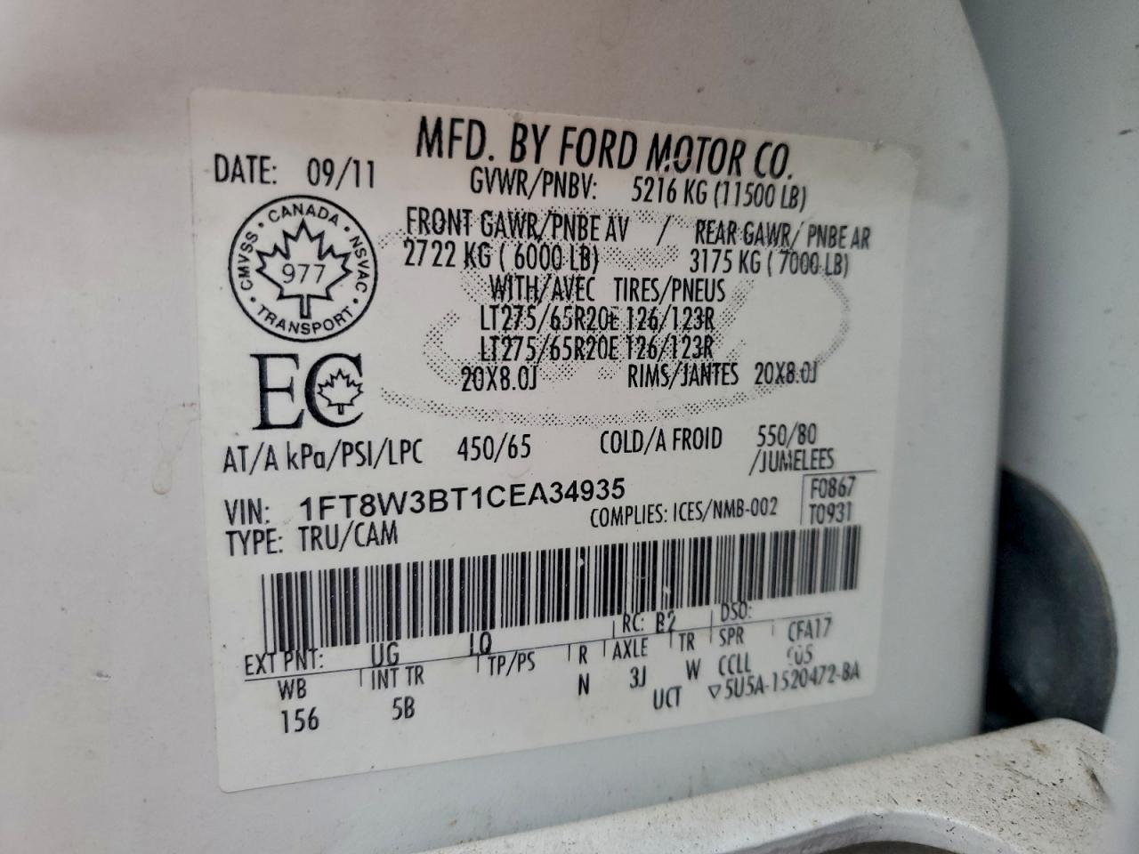 2012 Ford F350 Super Duty VIN: 1FT8W3BT1CEA34935 Lot: 93403615