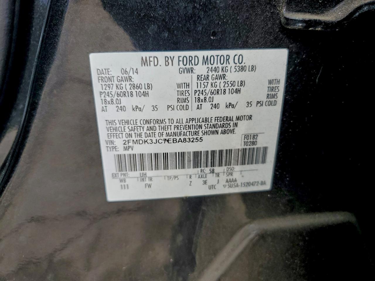 2014 Ford Edge Sel VIN: 2FMDK3JC7EBA83255 Lot: 94154115