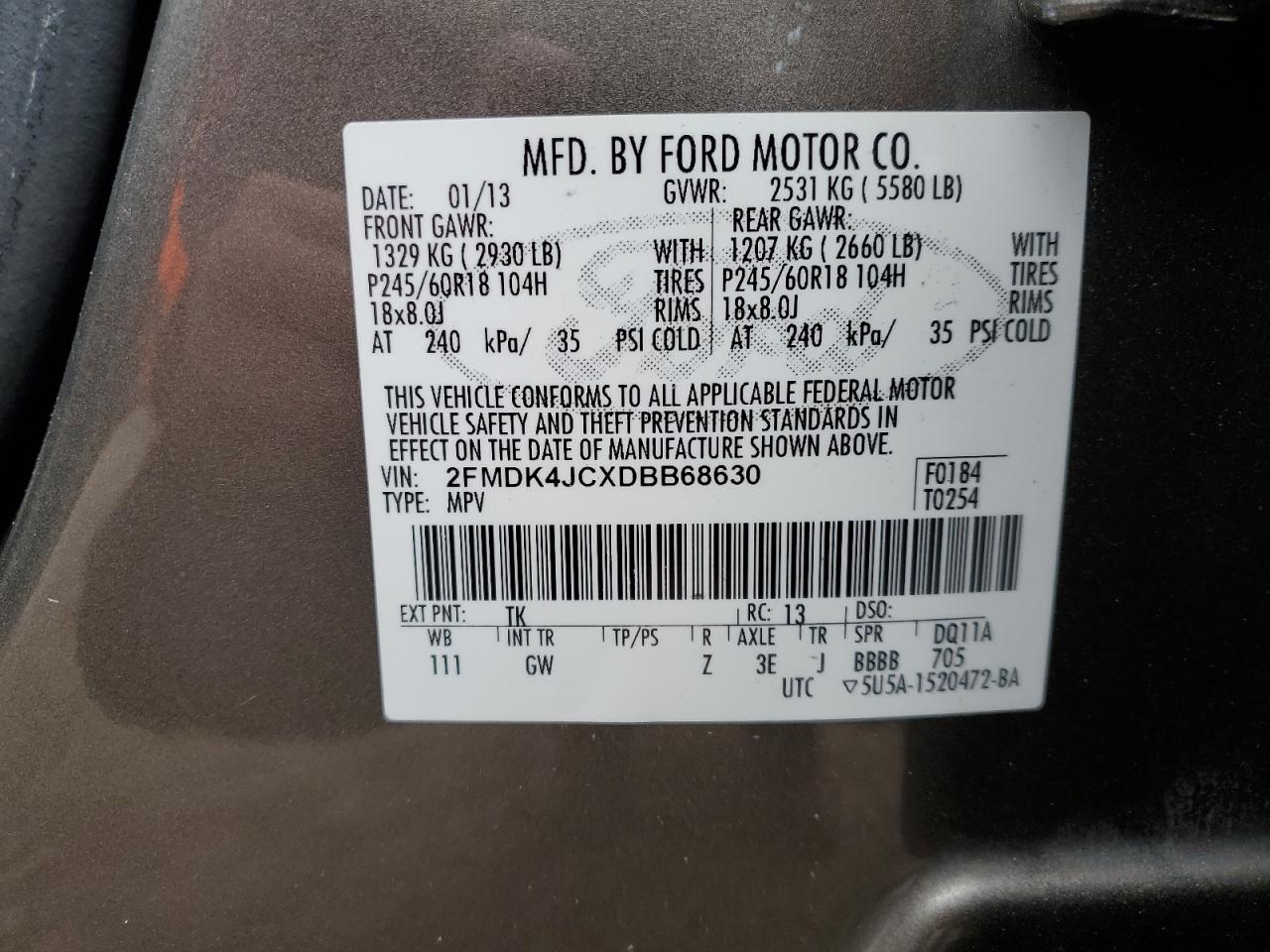 2013 Ford Edge Sel VIN: 2FMDK4JCXDBB68630 Lot: 92185655