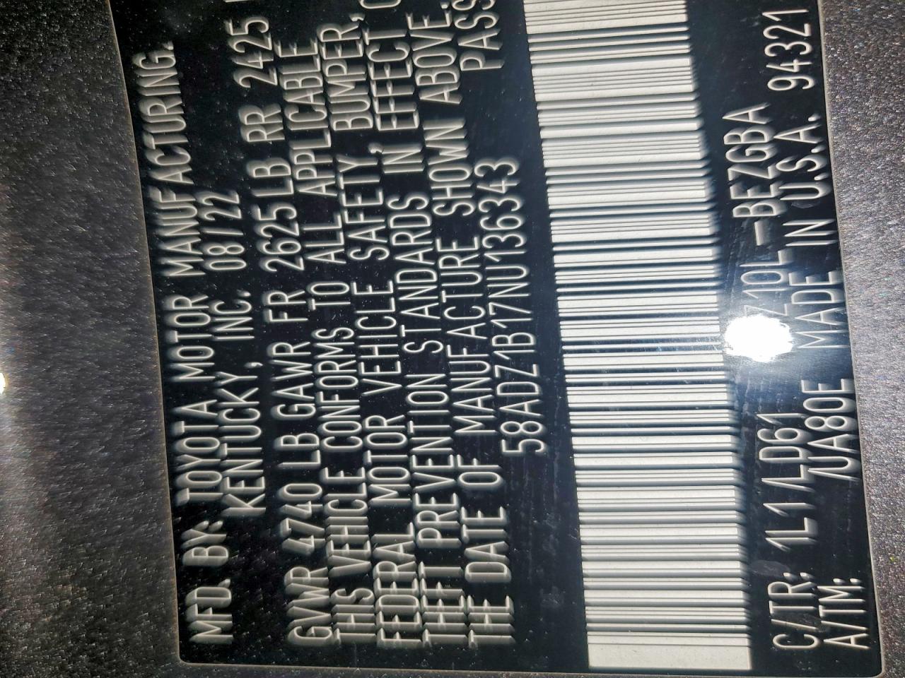 2022 Lexus Es 350 Base VIN: 58ADZ1B17NU136343 Lot: 95111265