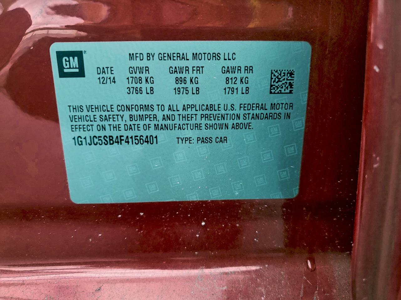 2015 Chevrolet Sonic Lt VIN: 1G1JC5SB4F4156401 Lot: 94324565