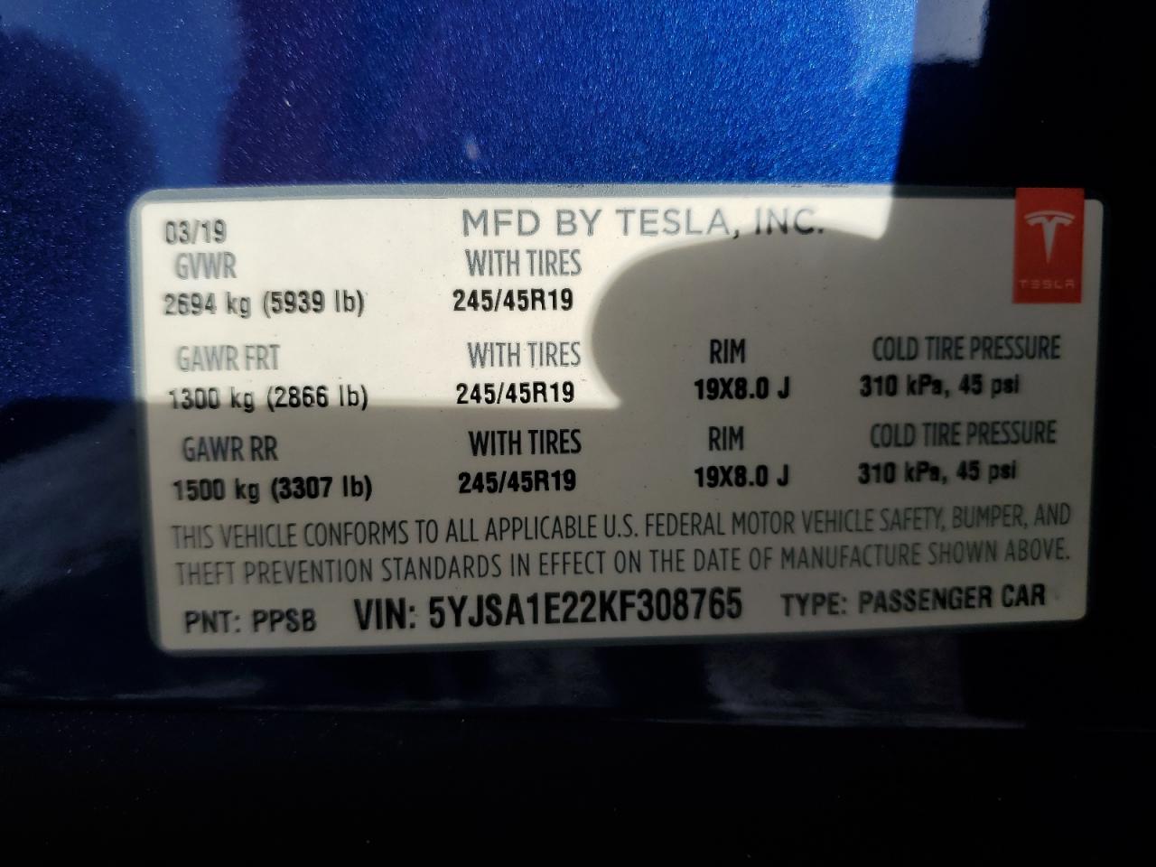 2019 Tesla Model S VIN: 5YJSA1E22KF308765 Lot: 92058085