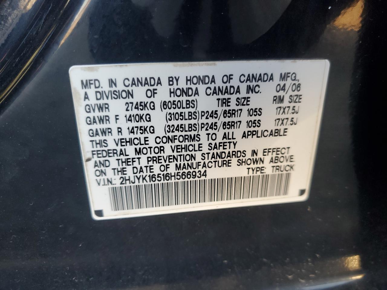 2006 Honda Ridgeline Rtl VIN: 2HJYK16516H566934 Lot: 93142625