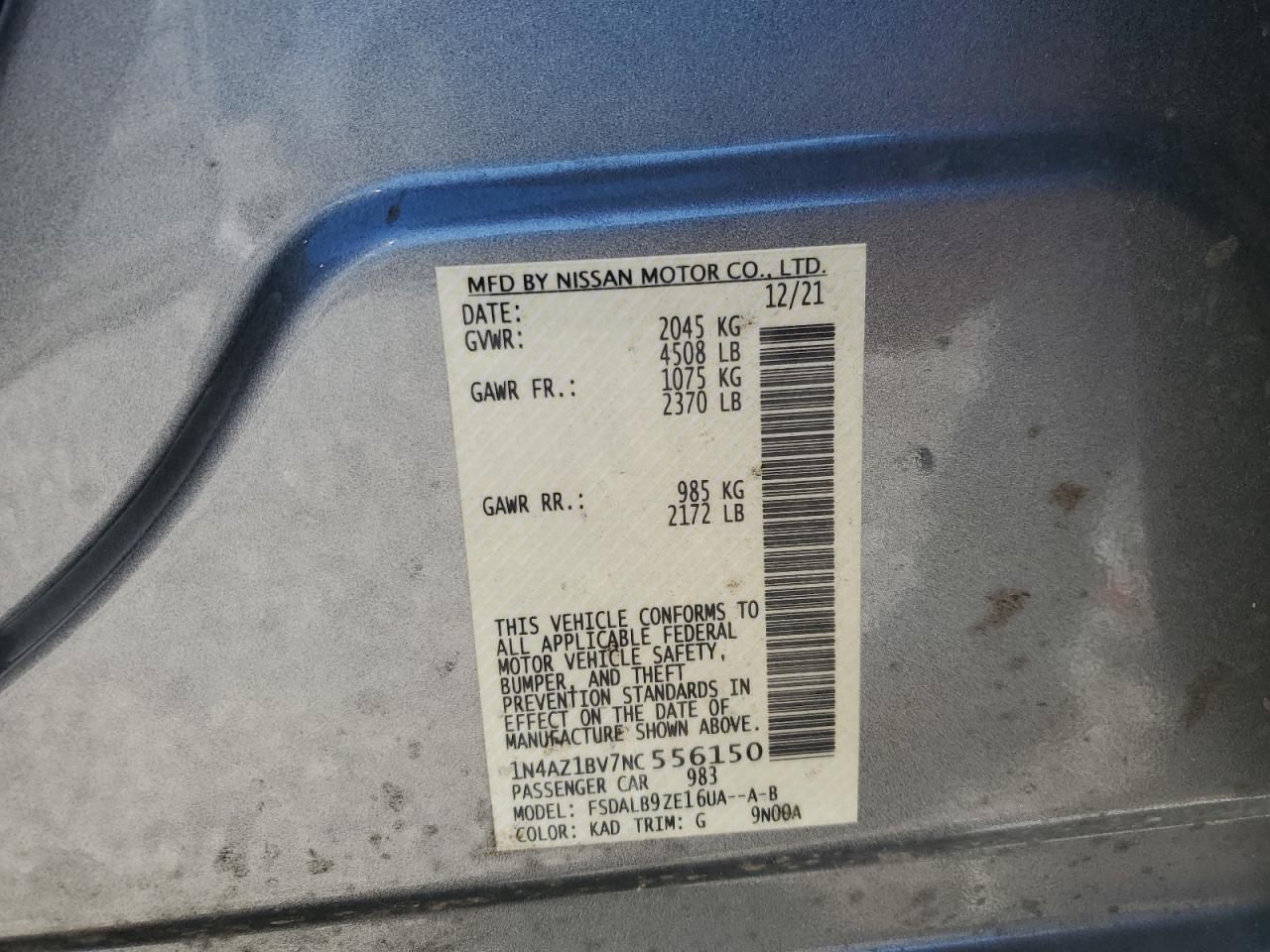 2022 Nissan Leaf S VIN: 1N4AZ1BV7NC556150 Lot: 92015995