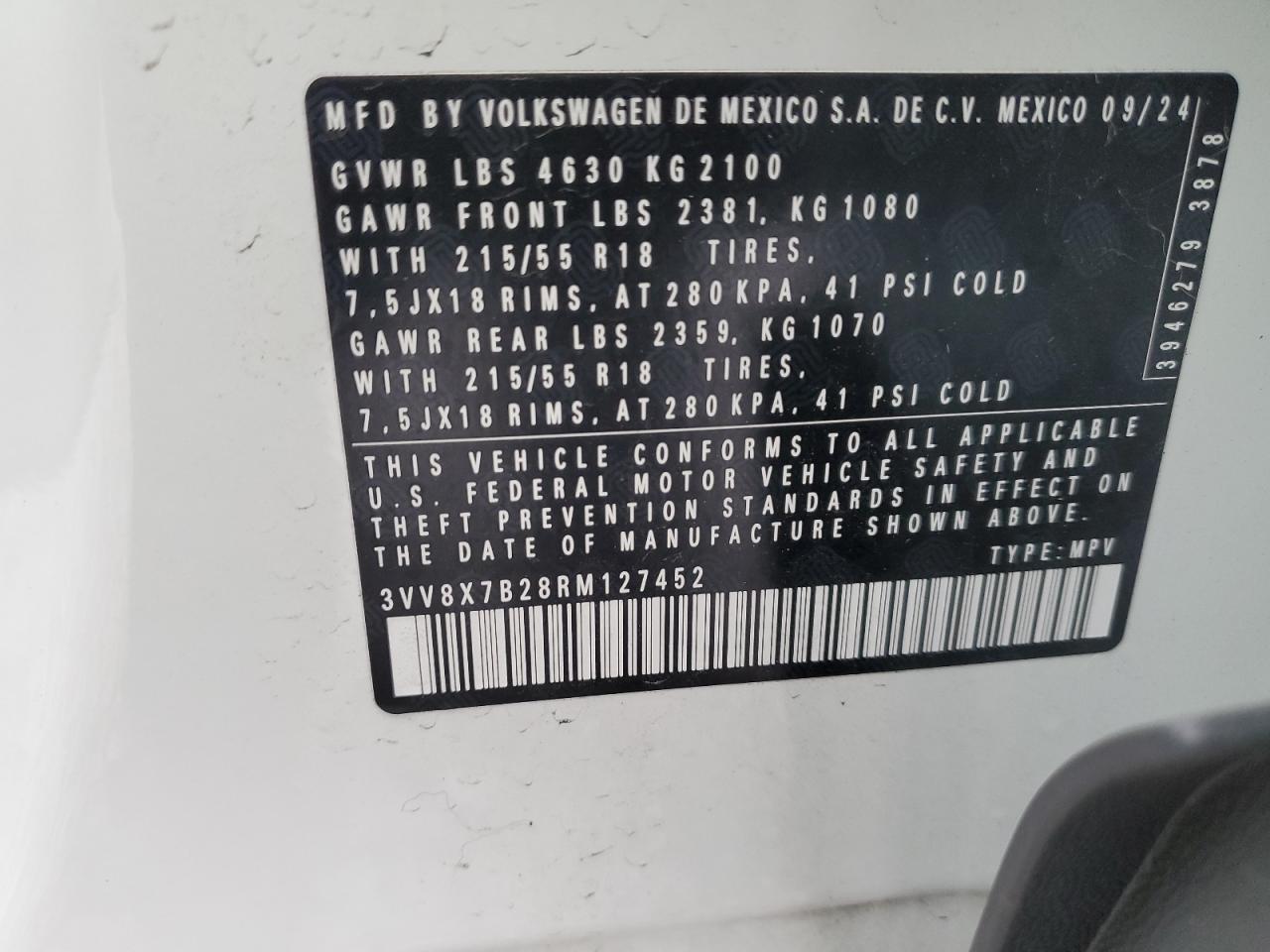 2024 Volkswagen Taos S VIN: 3VV8X7B28RM127452 Lot: 93529795