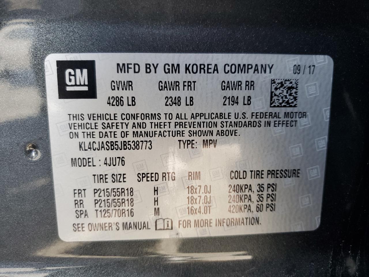 2018 Buick Encore Preferred VIN: KL4CJASB5JB538773 Lot: 93121335