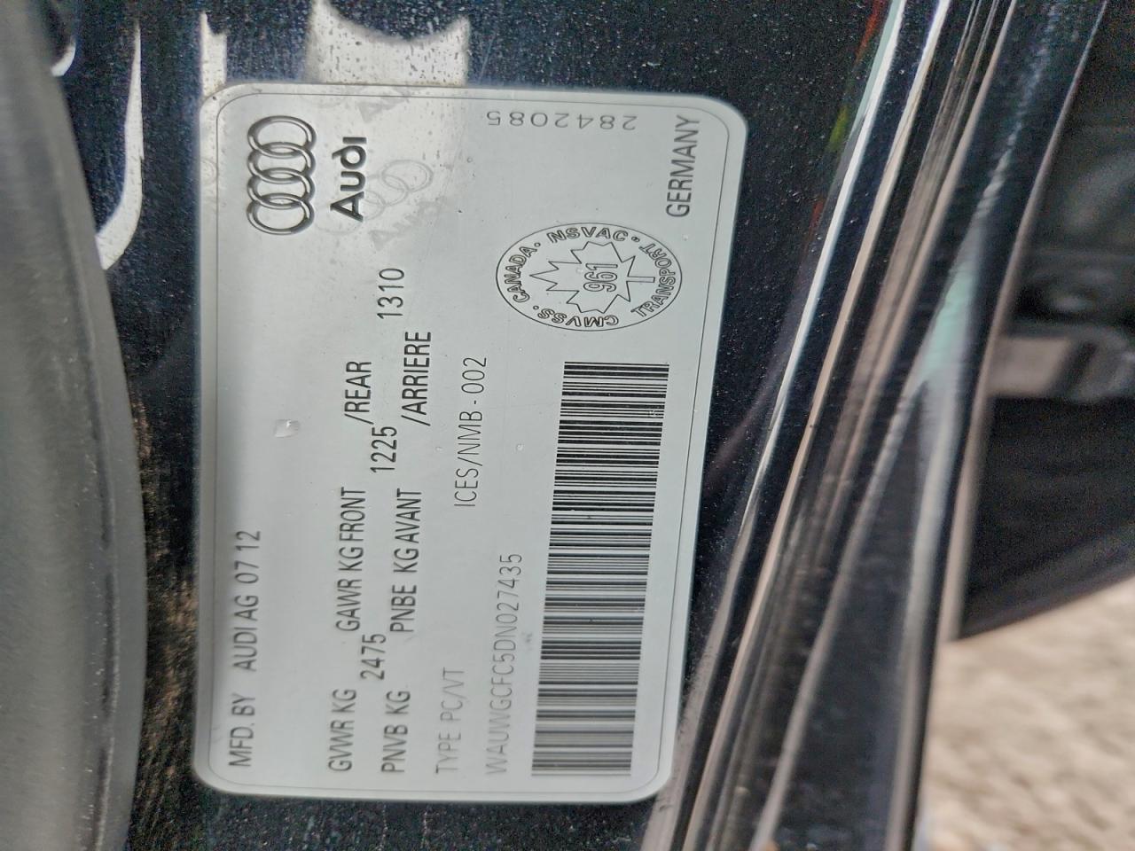 2013 Audi A7 Quattro VIN: WAUWGCFC5DN027435 Lot: 94442265