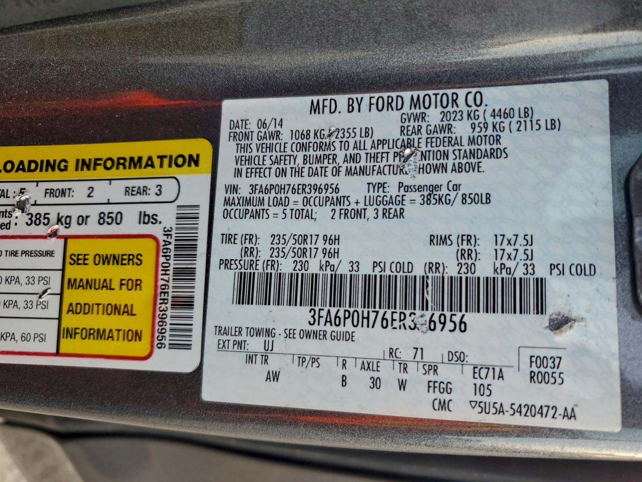 2014 Ford Fusion Se VIN: 3FA6P0H76ER396956 Lot: 92460745