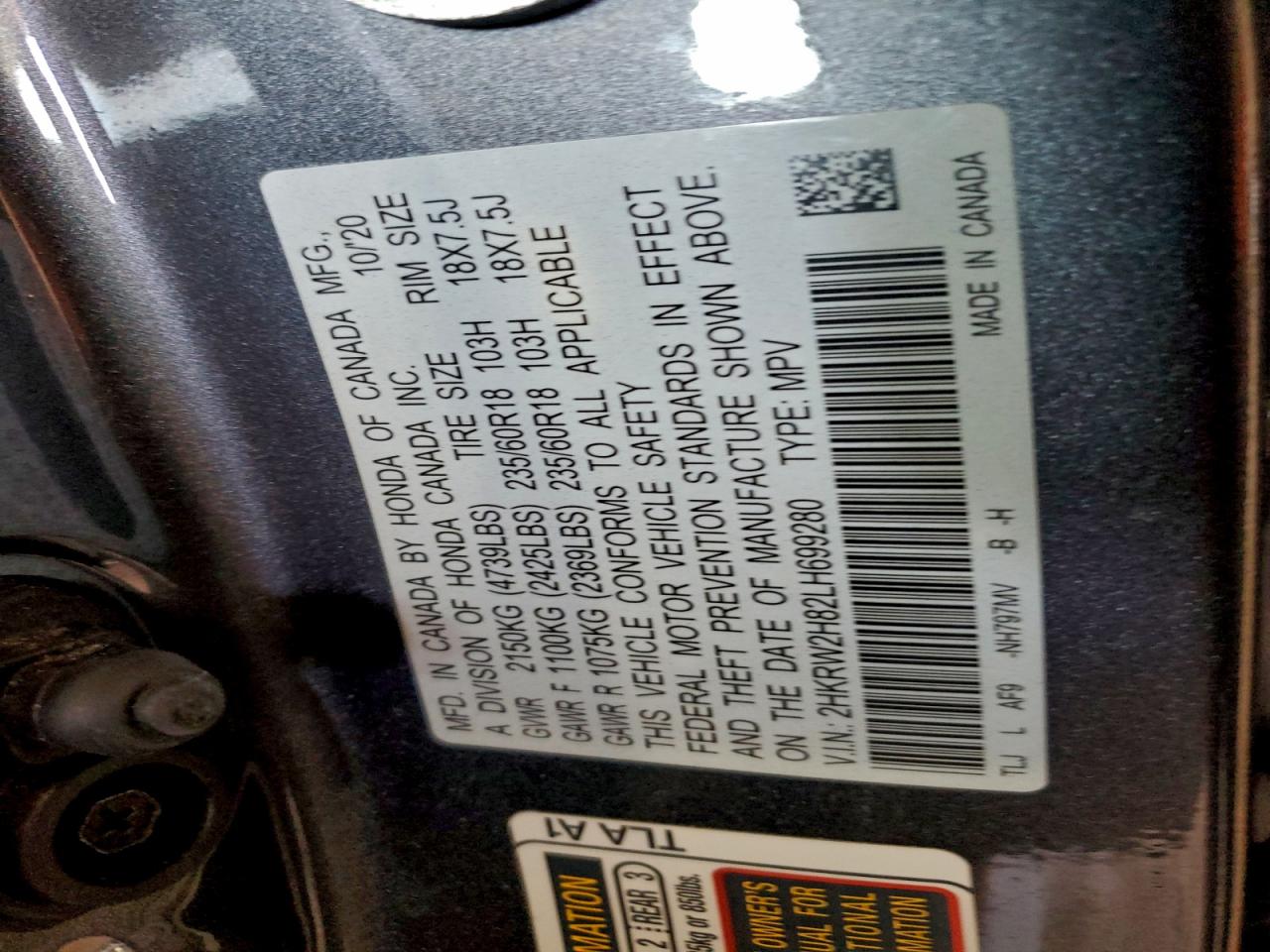 2020 Honda Cr-V Exl VIN: 2HKRW2H82LH699280 Lot: 93651255