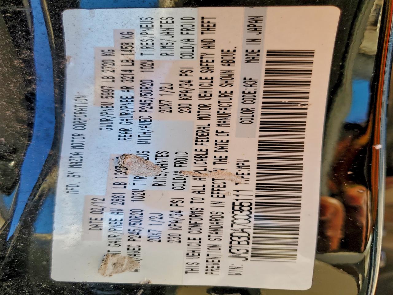 2012 Mazda Cx-9 VIN: JM3TB3DA7C0355111 Lot: 94437745