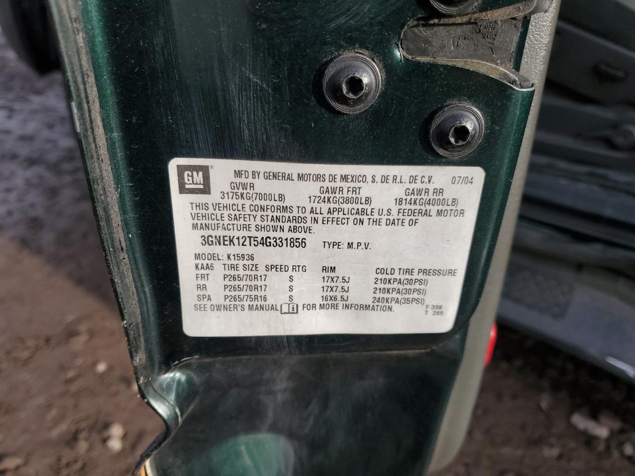 2004 Chevrolet Avalanche K1500 VIN: 3GNEK12T54G331856 Lot: 93555575