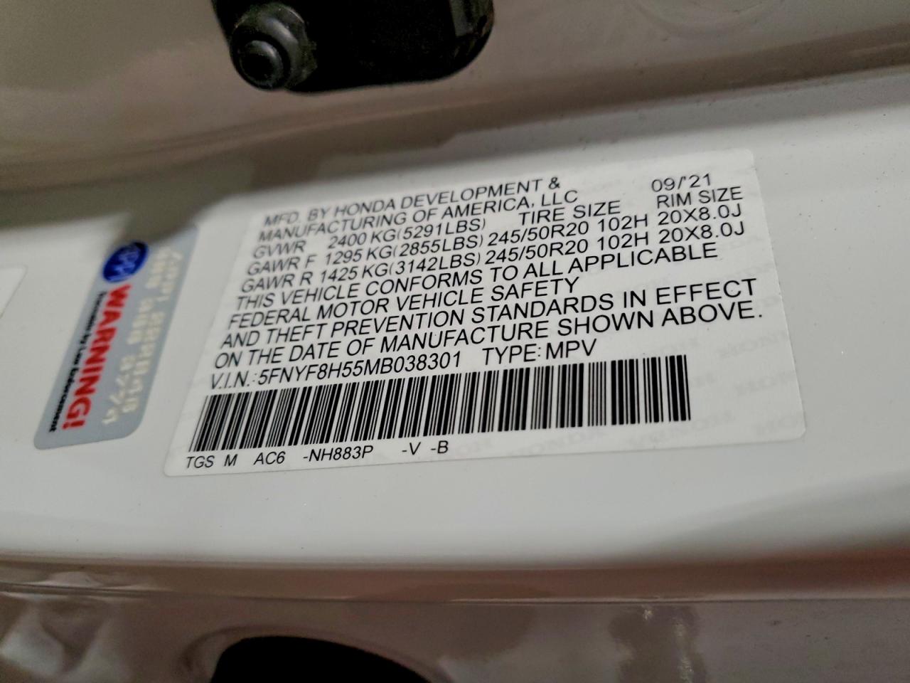 2021 Honda Passport Exl VIN: 5FNYF8H55MB038301 Lot: 93611845