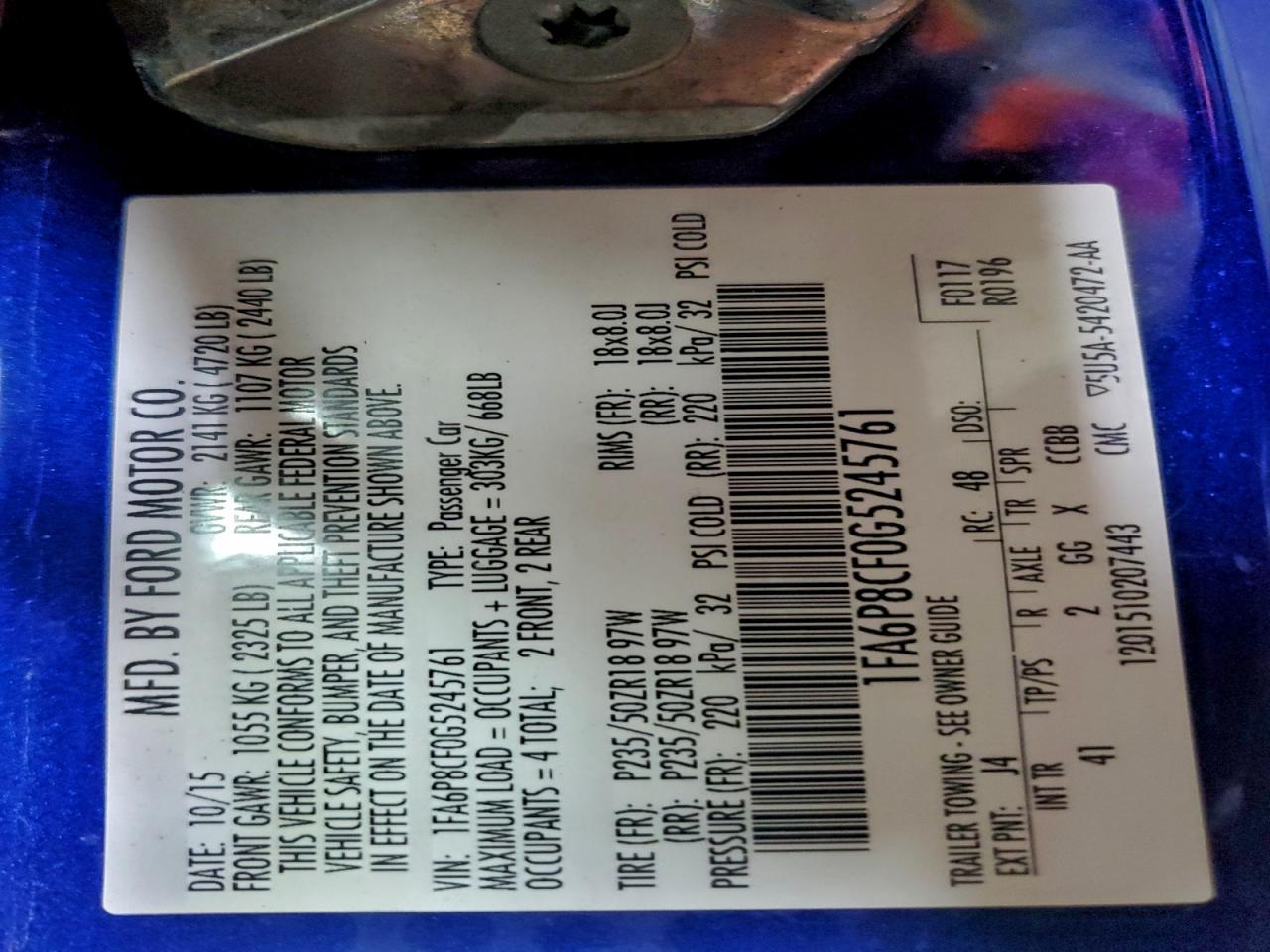 2016 Ford Mustang Gt VIN: 1FA6P8CF0G5245761 Lot: 93870815