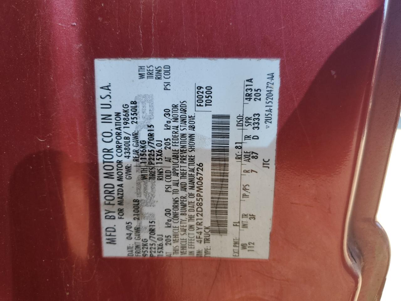 2005 Mazda B2300 VIN: 4F4YR12D85PM06726 Lot: 92427245