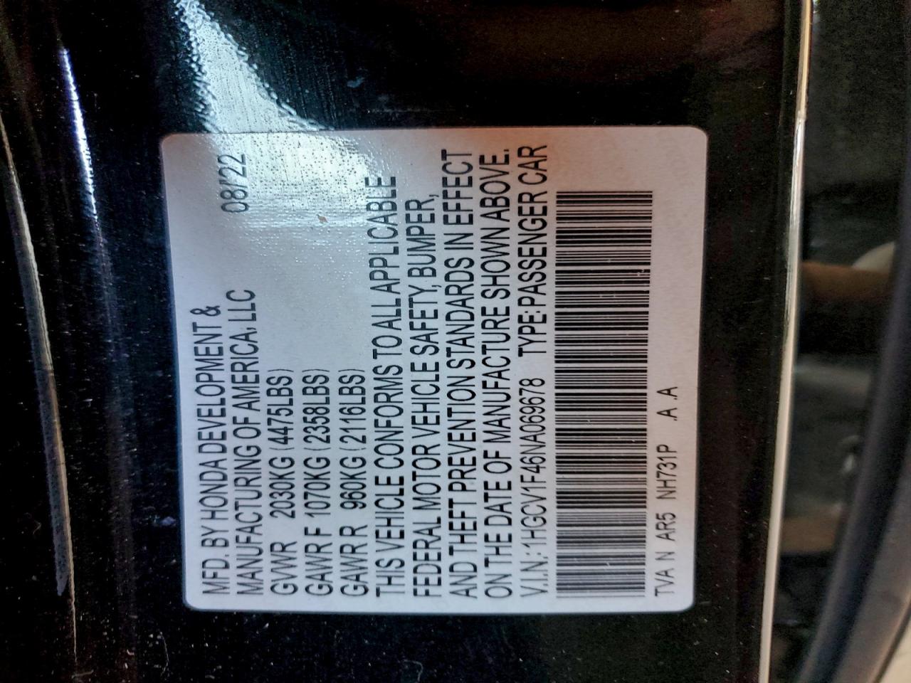 2022 Honda Accord Sport Se VIN: 1HGCV1F46NA069678 Lot: 94043495