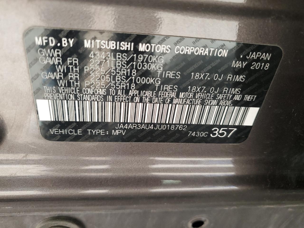 2018 Mitsubishi Outlander Sport Es VIN: JA4AR3AU4JU018762 Lot: 92601435