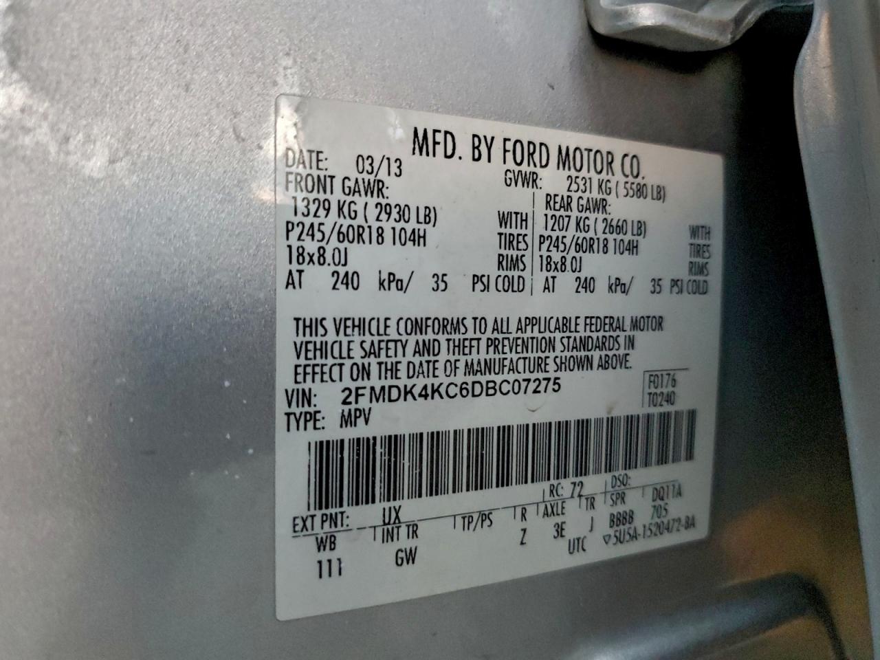 2013 Ford Edge Limited VIN: 2FMDK4KC6DBC07275 Lot: 94659475