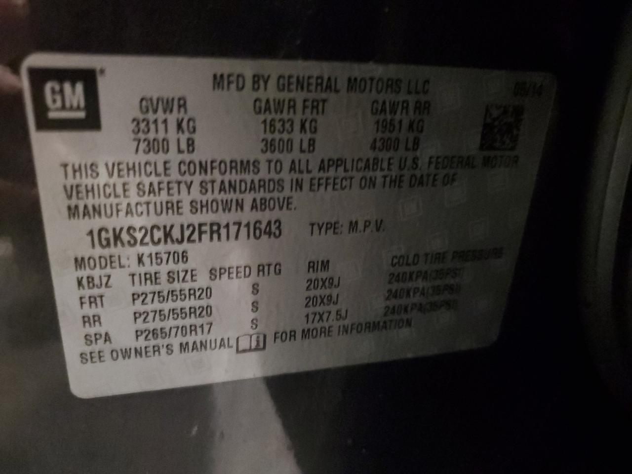 2015 GMC Yukon Denali VIN: 1GKS2CKJ2FR171643 Lot: 92310215