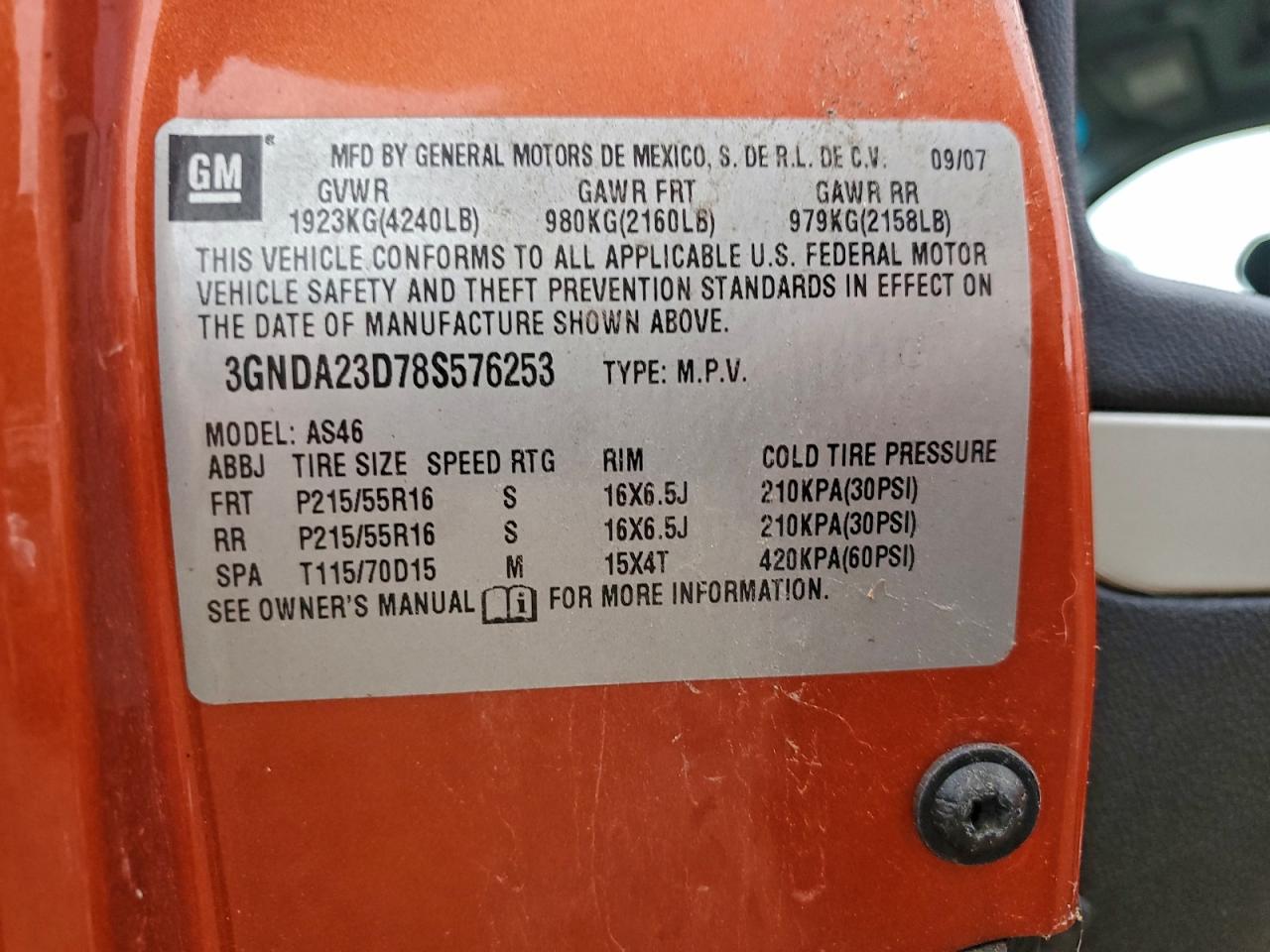 2008 Chevrolet Hhr Lt VIN: 3GNDA23D78S576253 Lot: 93664915