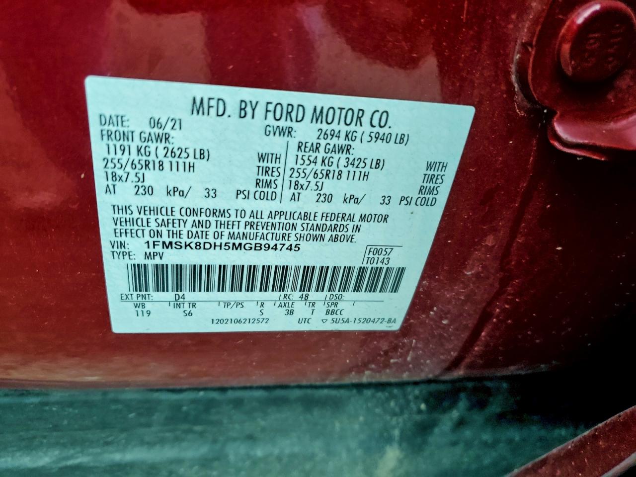 2021 Ford Explorer Xlt VIN: 1FMSK8DH5MGB94745 Lot: 92957745